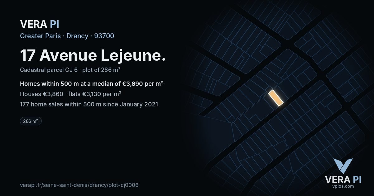 17 Avenue Lejeune, Drancy at night – the plot lit, the parcels around coloured by the prices near them