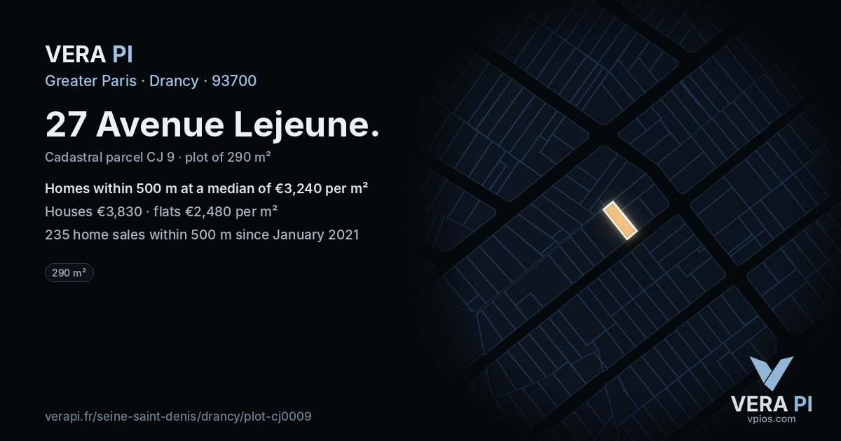 27 Avenue Lejeune, Drancy at night – the plot lit, the parcels around coloured by the prices near them