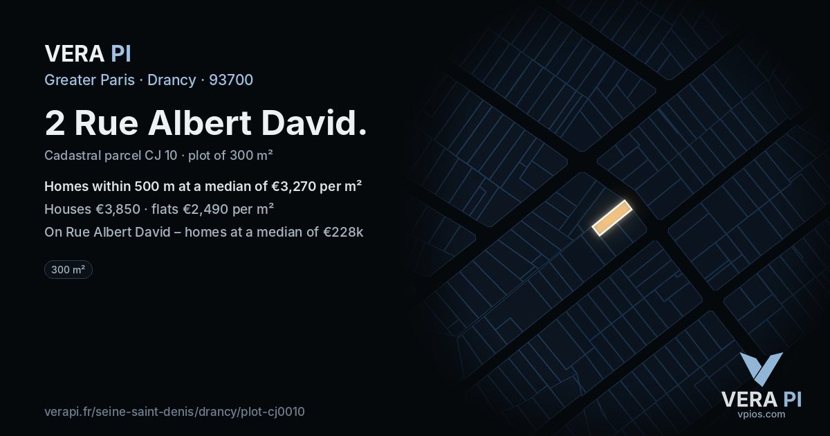 2 Rue Albert David, Drancy at night – the plot lit, the parcels around coloured by the prices near them