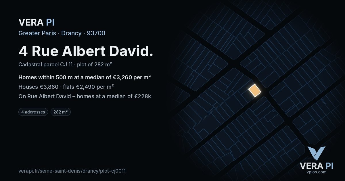 4 Rue Albert David, Drancy at night – the plot lit, the parcels around coloured by the prices near them