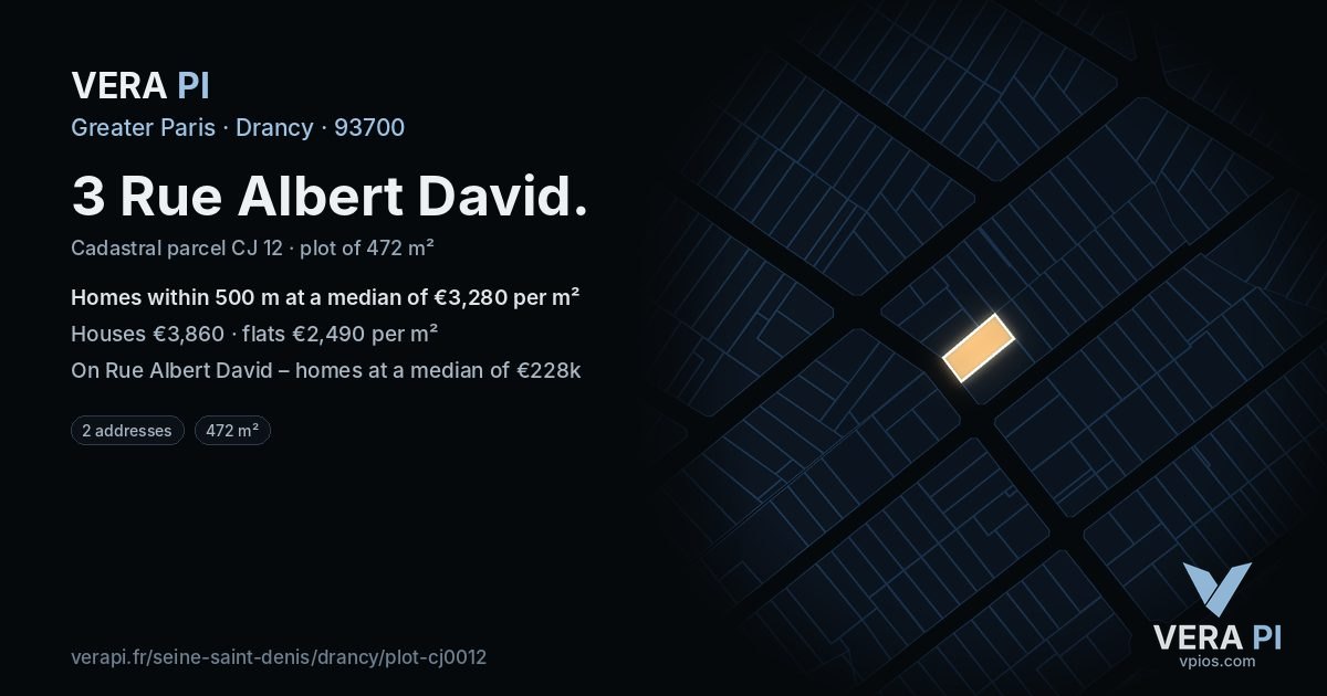 3 Rue Albert David, Drancy at night – the plot lit, the parcels around coloured by the prices near them