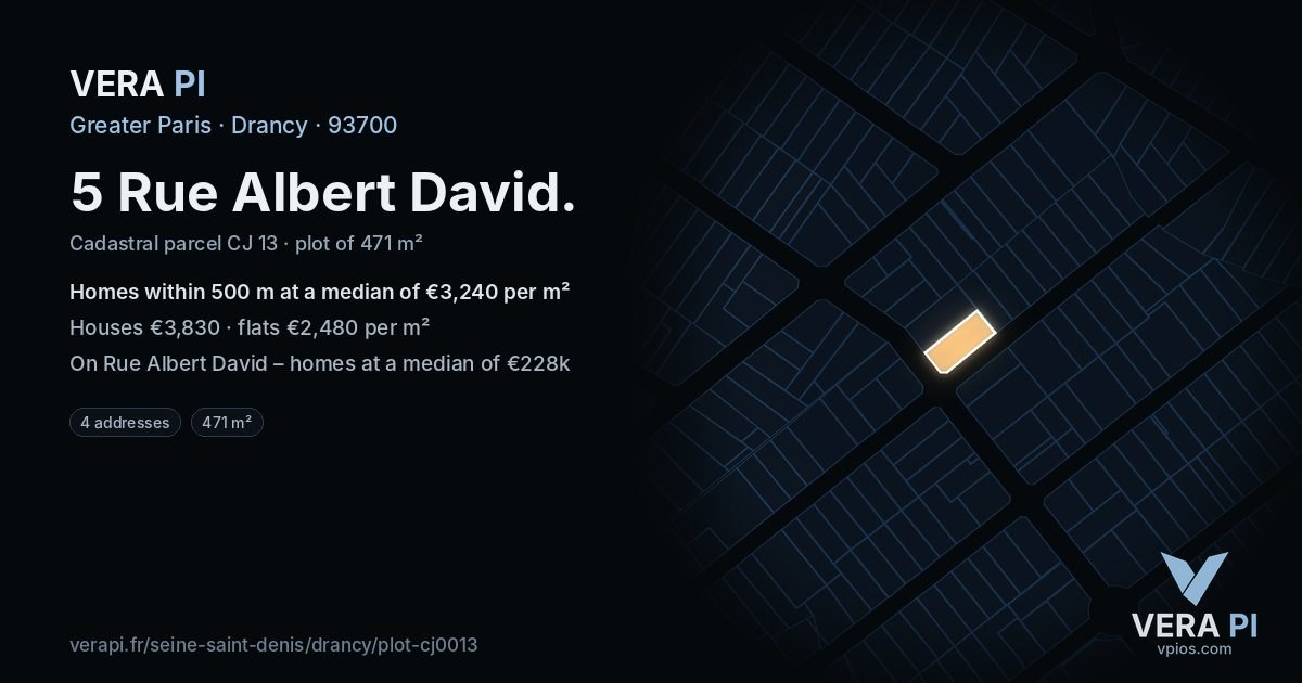 5 Rue Albert David, Drancy at night – the plot lit, the parcels around coloured by the prices near them