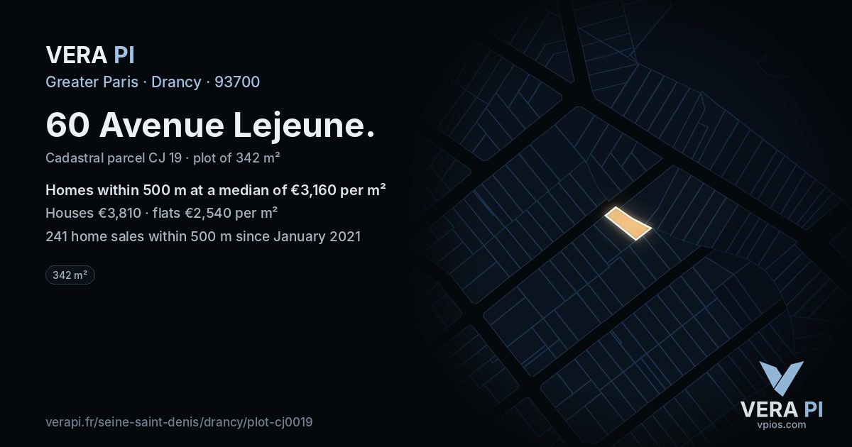 60 Avenue Lejeune, Drancy at night – the plot lit, the parcels around coloured by the prices near them
