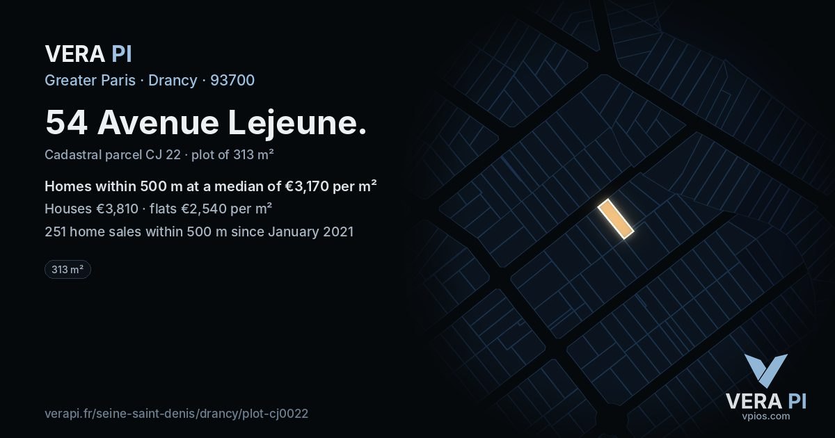 54 Avenue Lejeune, Drancy at night – the plot lit, the parcels around coloured by the prices near them