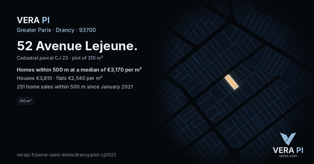 52 Avenue Lejeune, Drancy at night – the plot lit, the parcels around coloured by the prices near them