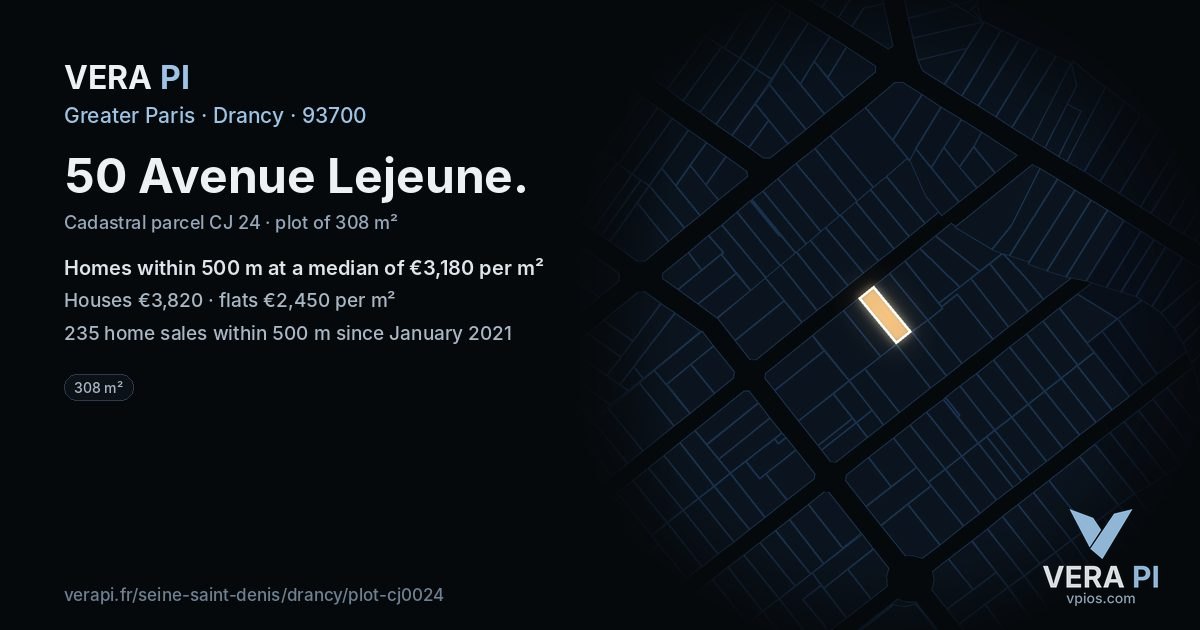 50 Avenue Lejeune, Drancy at night – the plot lit, the parcels around coloured by the prices near them