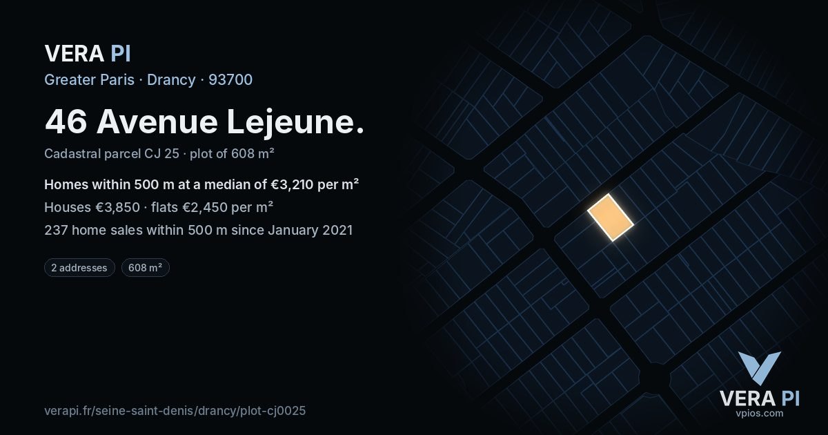 46 Avenue Lejeune, Drancy at night – the plot lit, the parcels around coloured by the prices near them