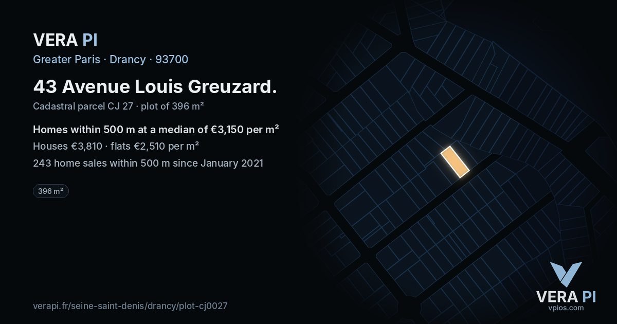 43 Avenue Louis Greuzard, Drancy at night – the plot lit, the parcels around coloured by the prices near them