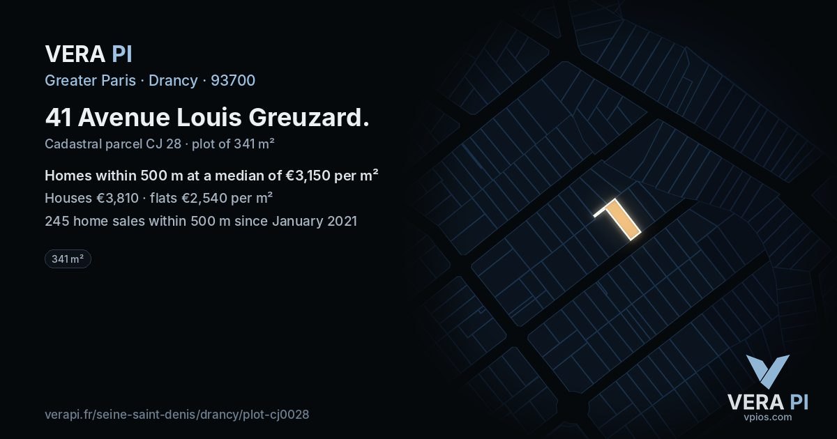 41 Avenue Louis Greuzard, Drancy at night – the plot lit, the parcels around coloured by the prices near them