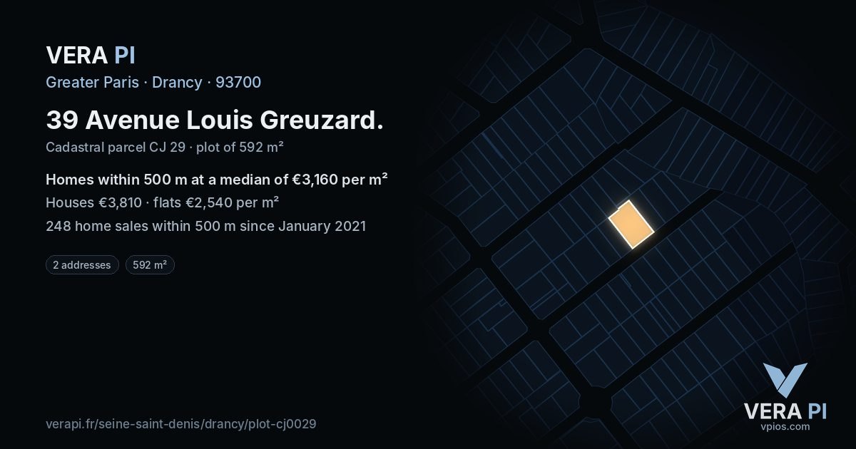 39 Avenue Louis Greuzard, Drancy at night – the plot lit, the parcels around coloured by the prices near them