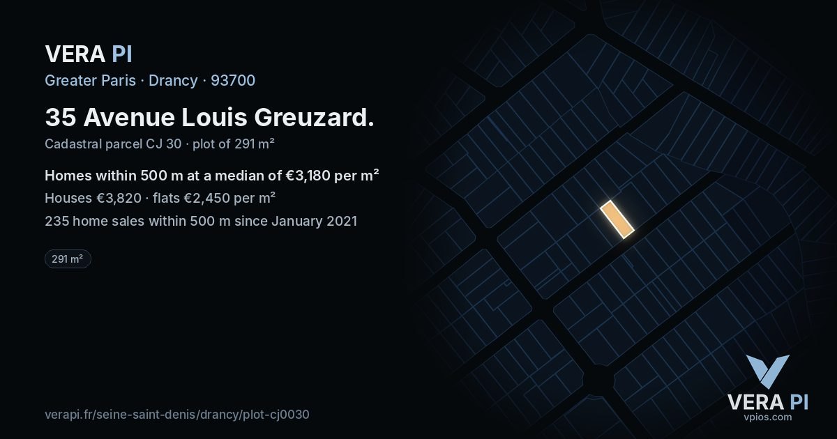 35 Avenue Louis Greuzard, Drancy at night – the plot lit, the parcels around coloured by the prices near them