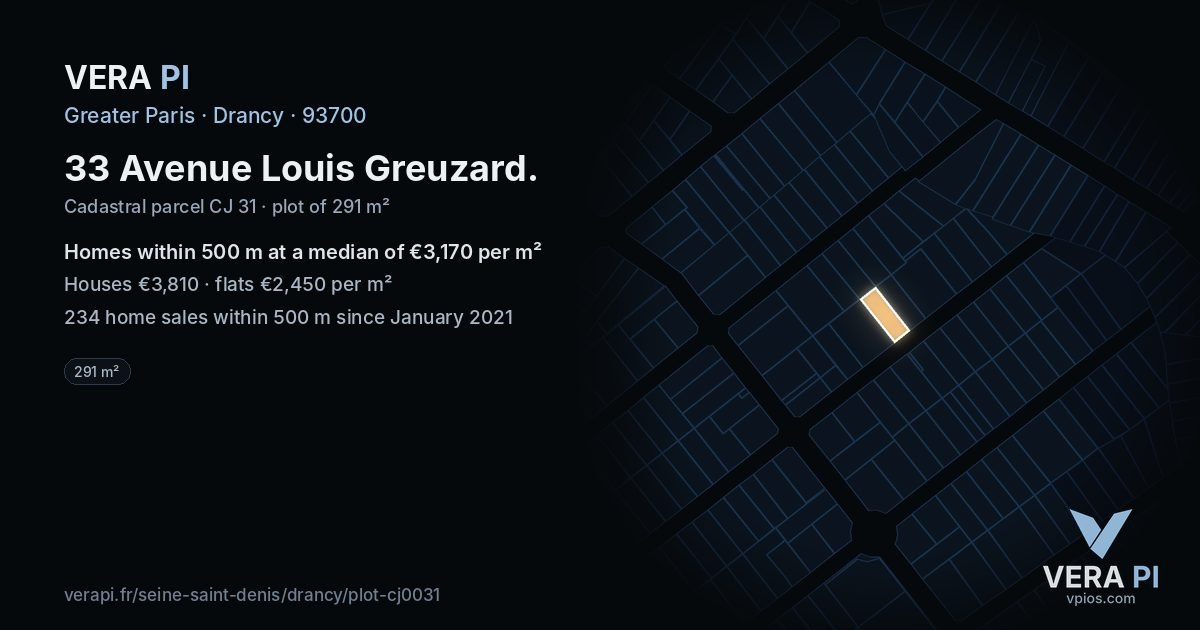 33 Avenue Louis Greuzard, Drancy at night – the plot lit, the parcels around coloured by the prices near them
