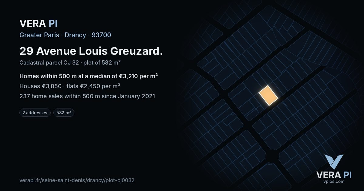 29 Avenue Louis Greuzard, Drancy at night – the plot lit, the parcels around coloured by the prices near them