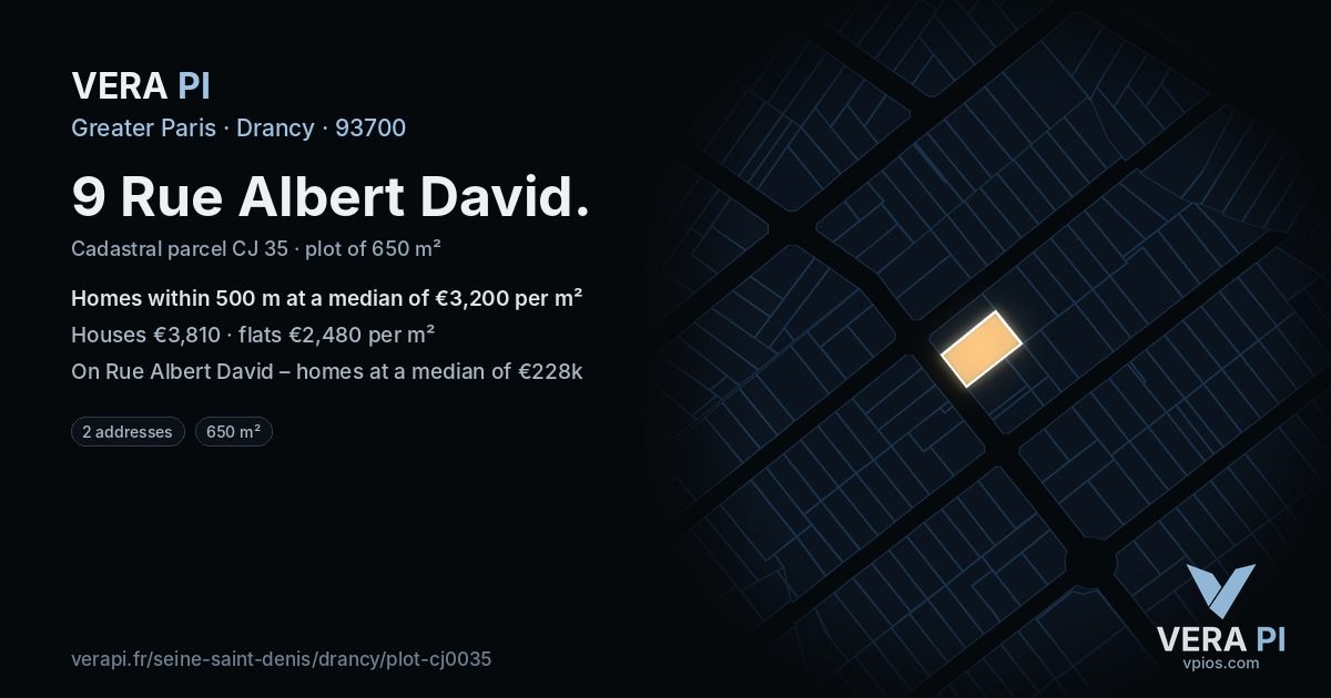 9 Rue Albert David, Drancy at night – the plot lit, the parcels around coloured by the prices near them