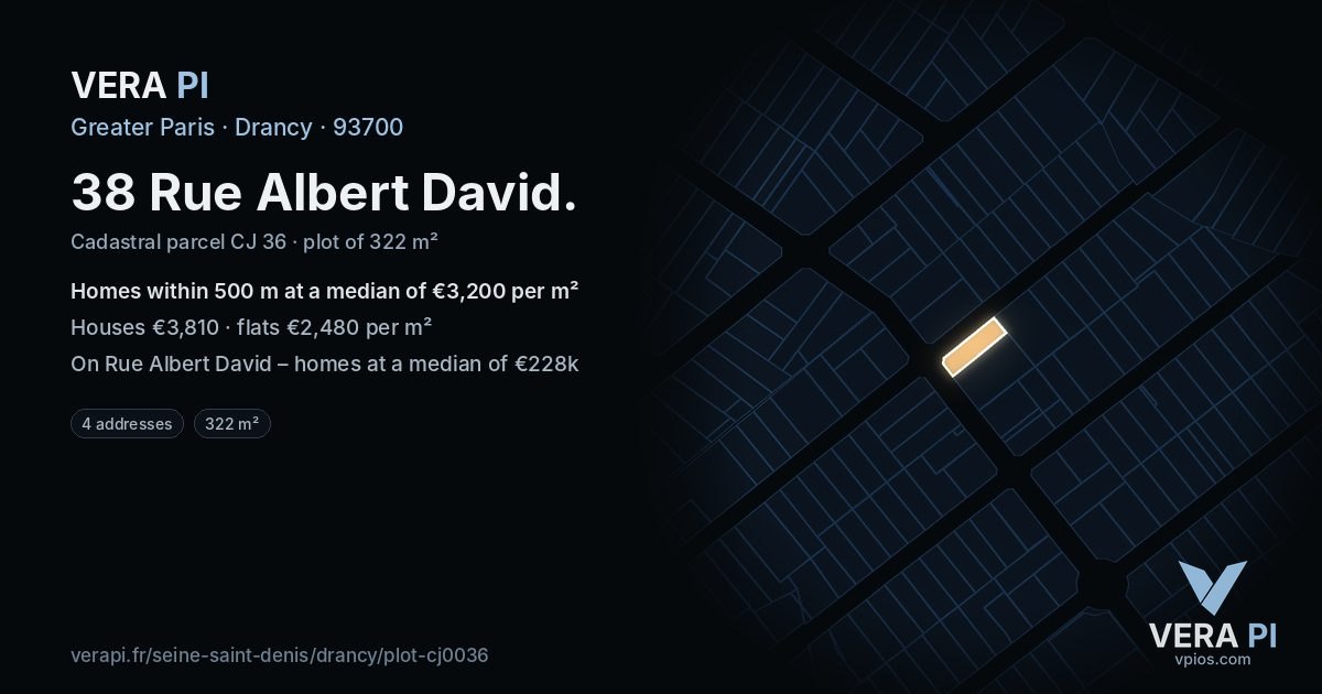38 Rue Albert David, Drancy at night – the plot lit, the parcels around coloured by the prices near them