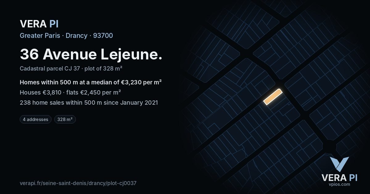 36 Avenue Lejeune, Drancy at night – the plot lit, the parcels around coloured by the prices near them