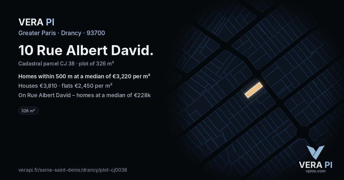 10 Rue Albert David, Drancy at night – the plot lit, the parcels around coloured by the prices near them
