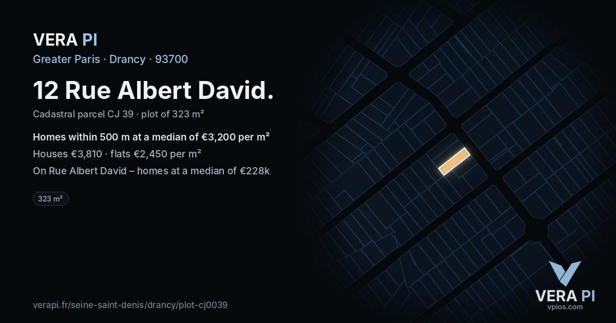 12 Rue Albert David, Drancy at night – the plot lit, the parcels around coloured by the prices near them