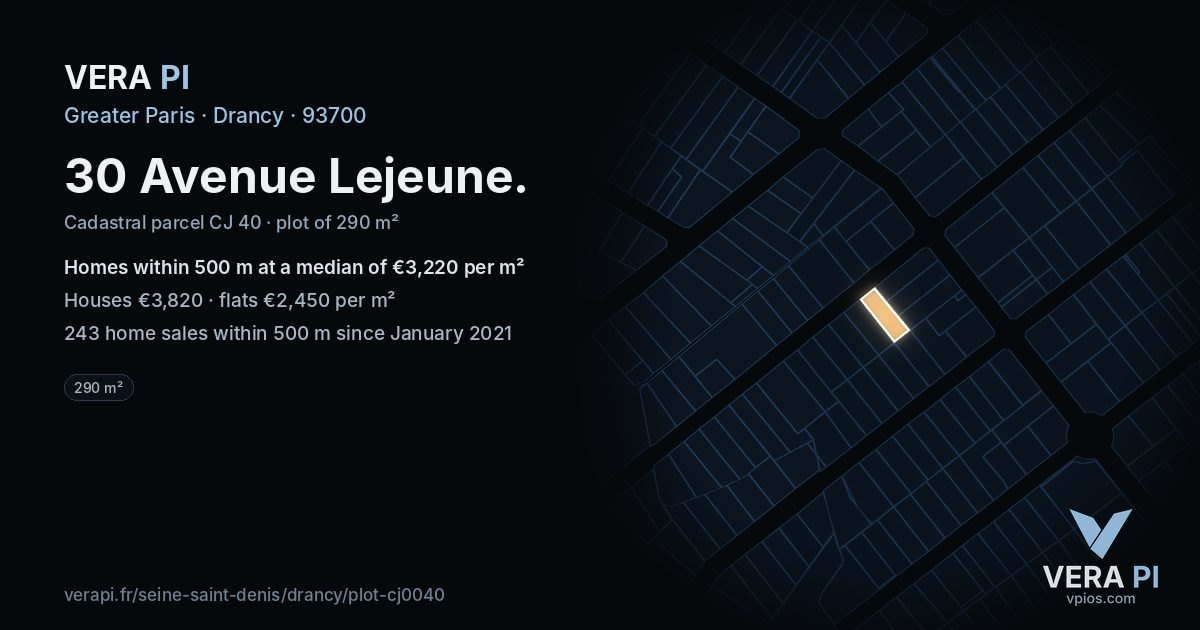 30 Avenue Lejeune, Drancy at night – the plot lit, the parcels around coloured by the prices near them