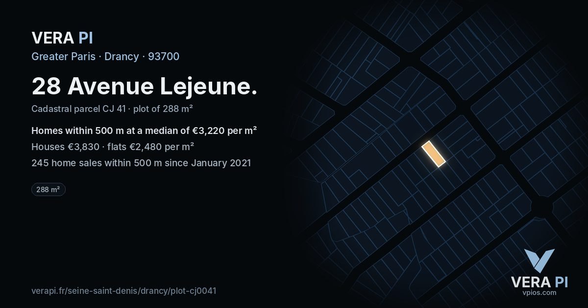 28 Avenue Lejeune, Drancy at night – the plot lit, the parcels around coloured by the prices near them