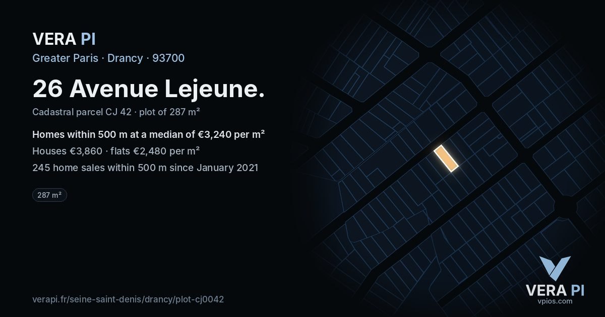 26 Avenue Lejeune, Drancy at night – the plot lit, the parcels around coloured by the prices near them