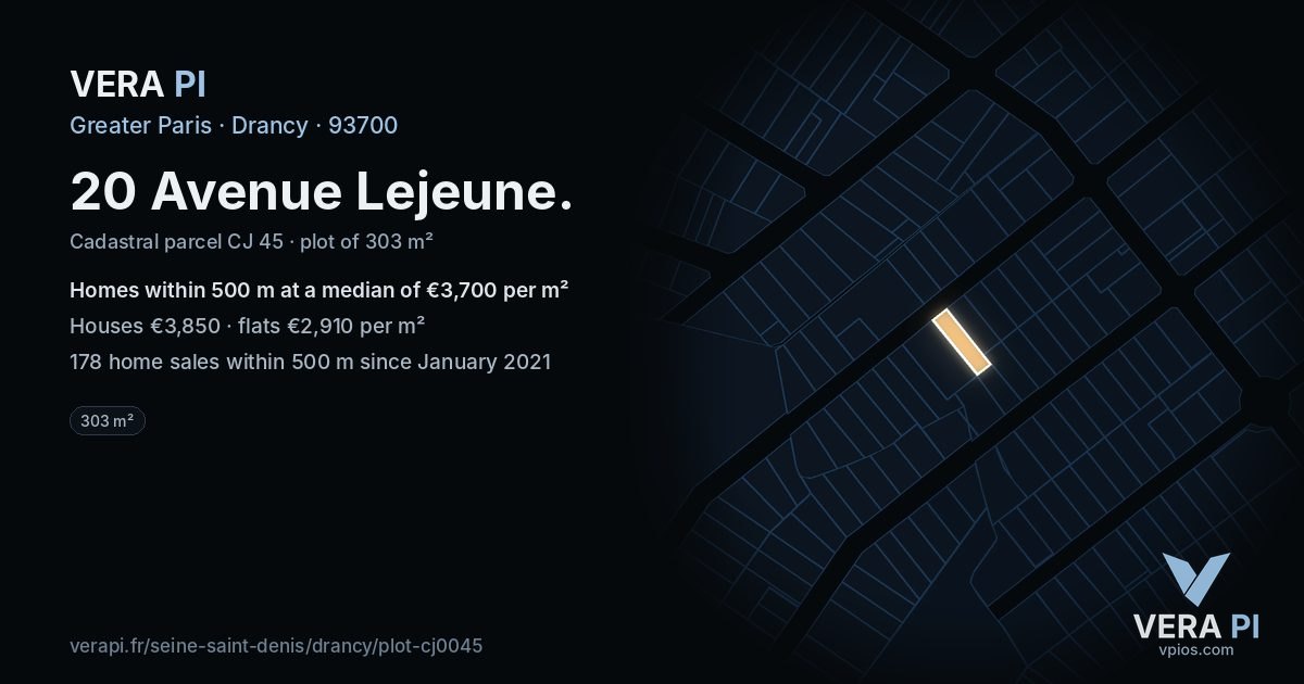 20 Avenue Lejeune, Drancy at night – the plot lit, the parcels around coloured by the prices near them