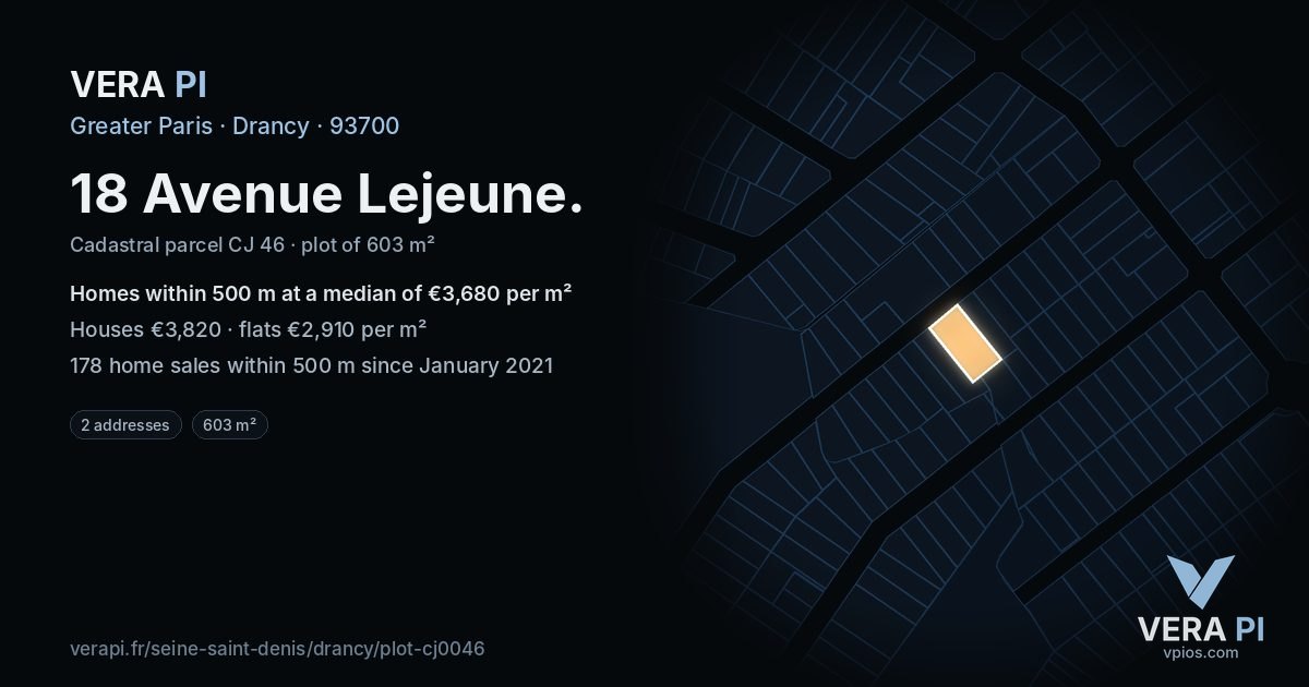 18 Avenue Lejeune, Drancy at night – the plot lit, the parcels around coloured by the prices near them