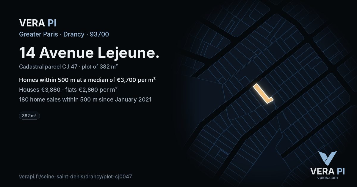 14 Avenue Lejeune, Drancy at night – the plot lit, the parcels around coloured by the prices near them