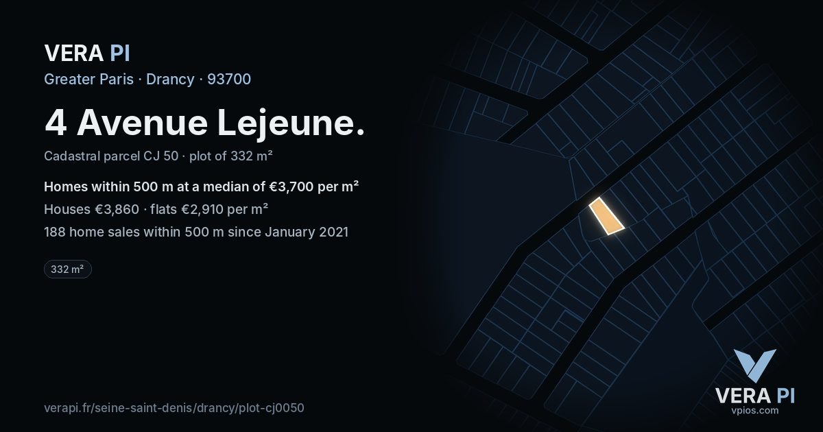 4 Avenue Lejeune, Drancy at night – the plot lit, the parcels around coloured by the prices near them