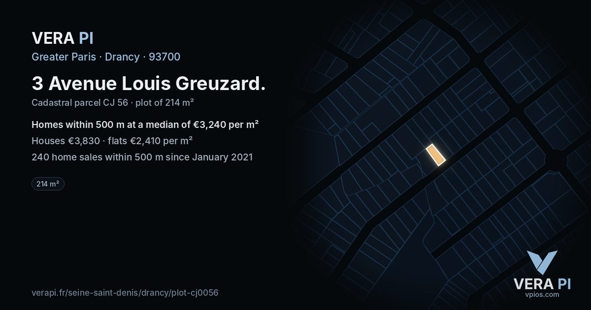 3 Avenue Louis Greuzard, Drancy at night – the plot lit, the parcels around coloured by the prices near them
