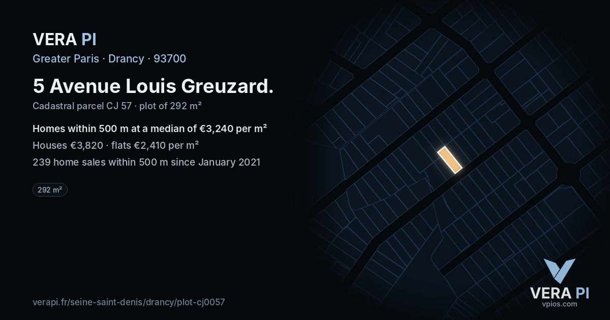 5 Avenue Louis Greuzard, Drancy at night – the plot lit, the parcels around coloured by the prices near them