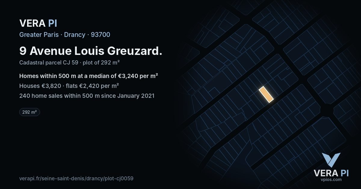 9 Avenue Louis Greuzard, Drancy at night – the plot lit, the parcels around coloured by the prices near them