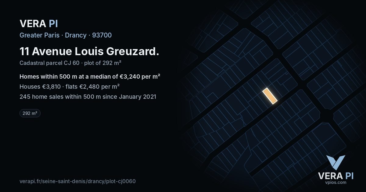 11 Avenue Louis Greuzard, Drancy at night – the plot lit, the parcels around coloured by the prices near them