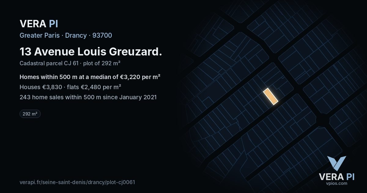 13 Avenue Louis Greuzard, Drancy at night – the plot lit, the parcels around coloured by the prices near them