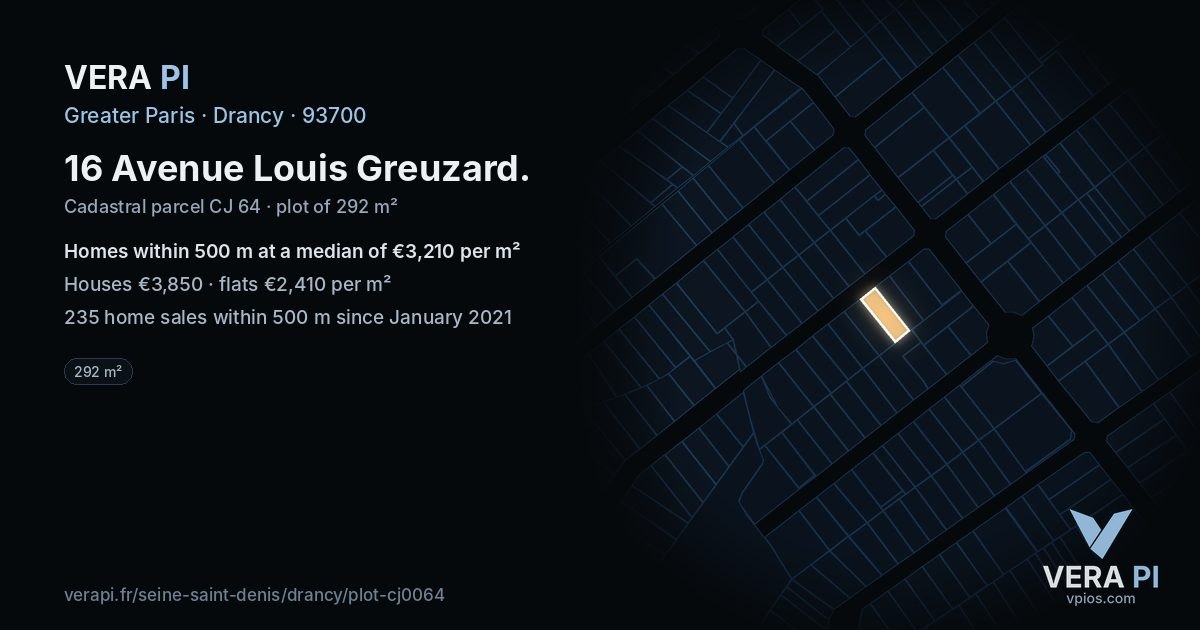 16 Avenue Louis Greuzard, Drancy at night – the plot lit, the parcels around coloured by the prices near them