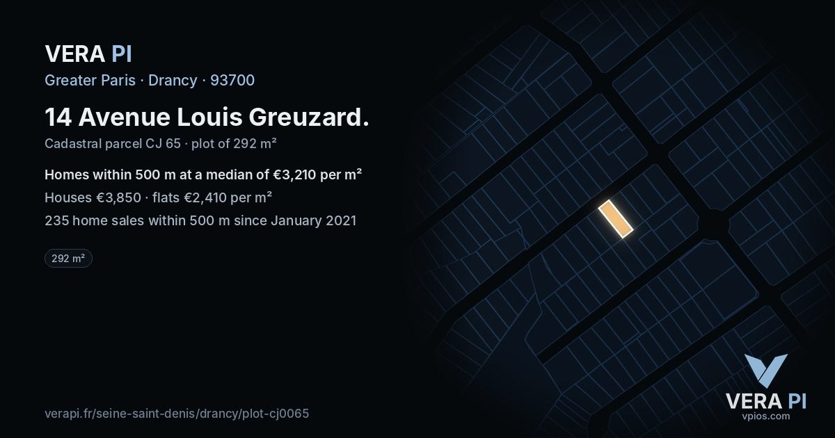 14 Avenue Louis Greuzard, Drancy at night – the plot lit, the parcels around coloured by the prices near them