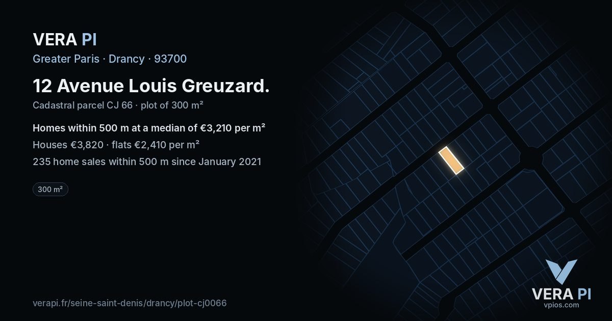 12 Avenue Louis Greuzard, Drancy at night – the plot lit, the parcels around coloured by the prices near them