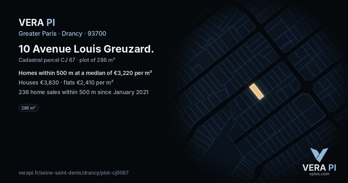 10 Avenue Louis Greuzard, Drancy at night – the plot lit, the parcels around coloured by the prices near them