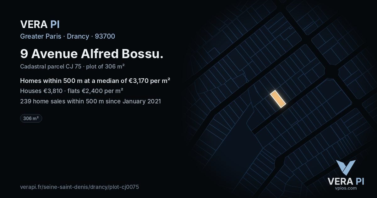 9 Avenue Alfred Bossu, Drancy at night – the plot lit, the parcels around coloured by the prices near them