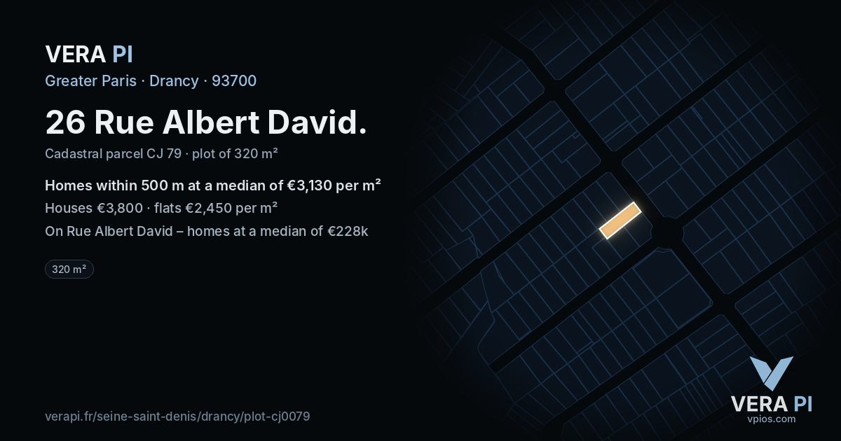 26 Rue Albert David, Drancy at night – the plot lit, the parcels around coloured by the prices near them