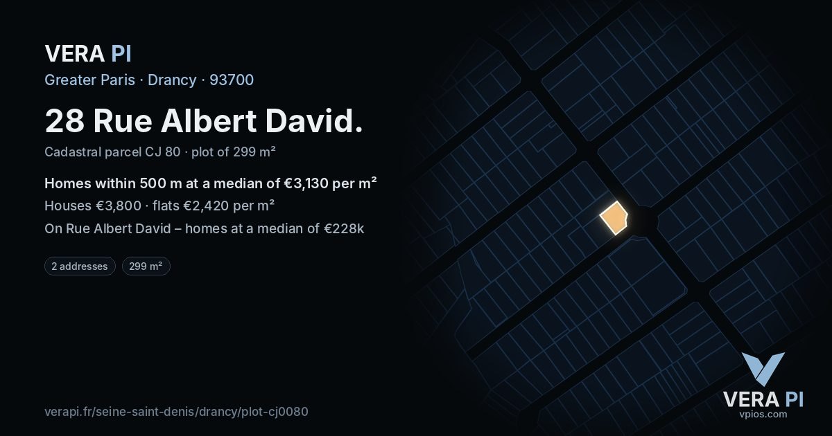 28 Rue Albert David, Drancy at night – the plot lit, the parcels around coloured by the prices near them