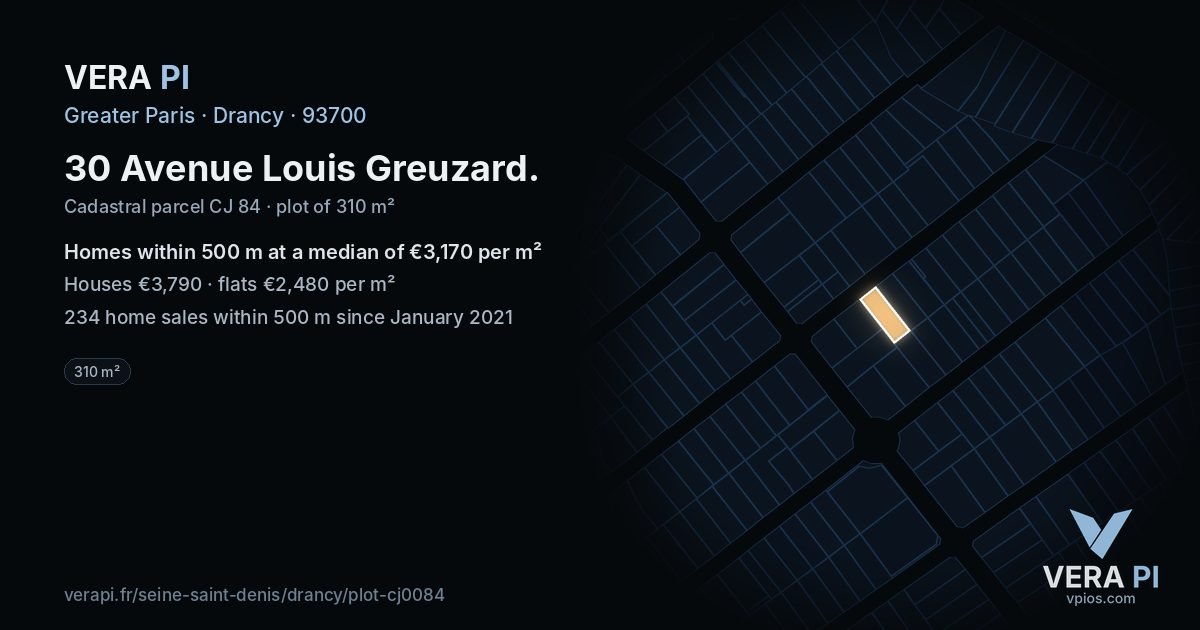 30 Avenue Louis Greuzard, Drancy at night – the plot lit, the parcels around coloured by the prices near them