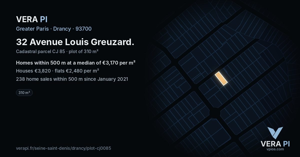 32 Avenue Louis Greuzard, Drancy at night – the plot lit, the parcels around coloured by the prices near them