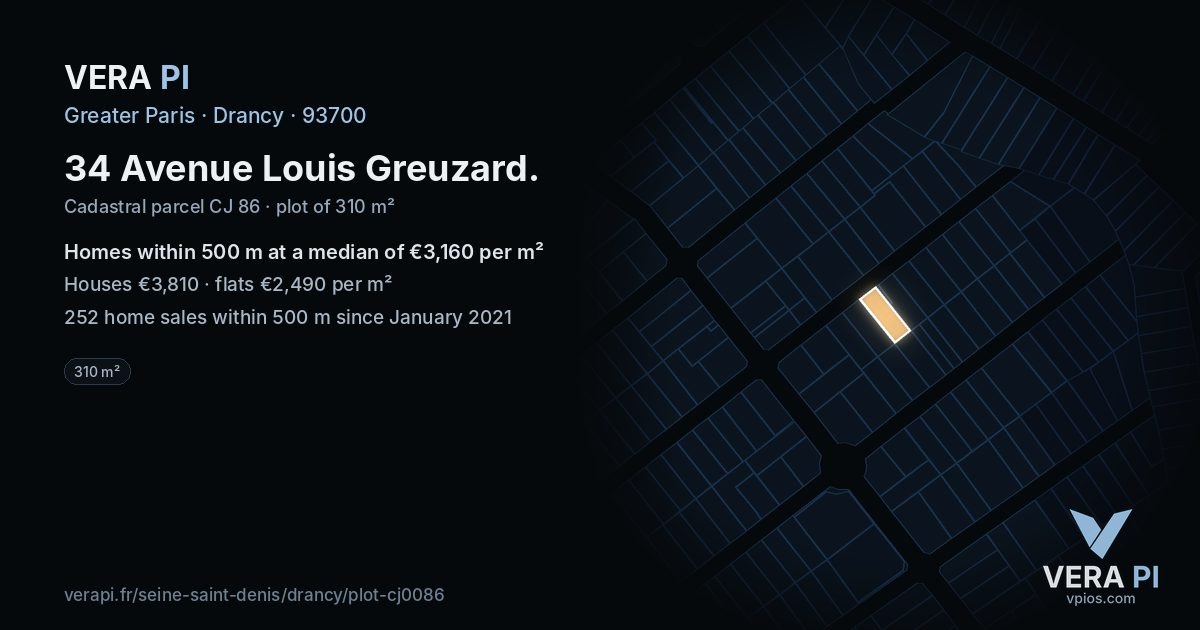 34 Avenue Louis Greuzard, Drancy at night – the plot lit, the parcels around coloured by the prices near them