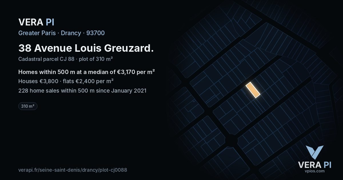 38 Avenue Louis Greuzard, Drancy at night – the plot lit, the parcels around coloured by the prices near them