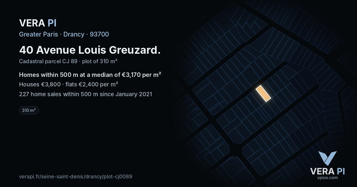 40 Avenue Louis Greuzard, Drancy at night – the plot lit, the parcels around coloured by the prices near them