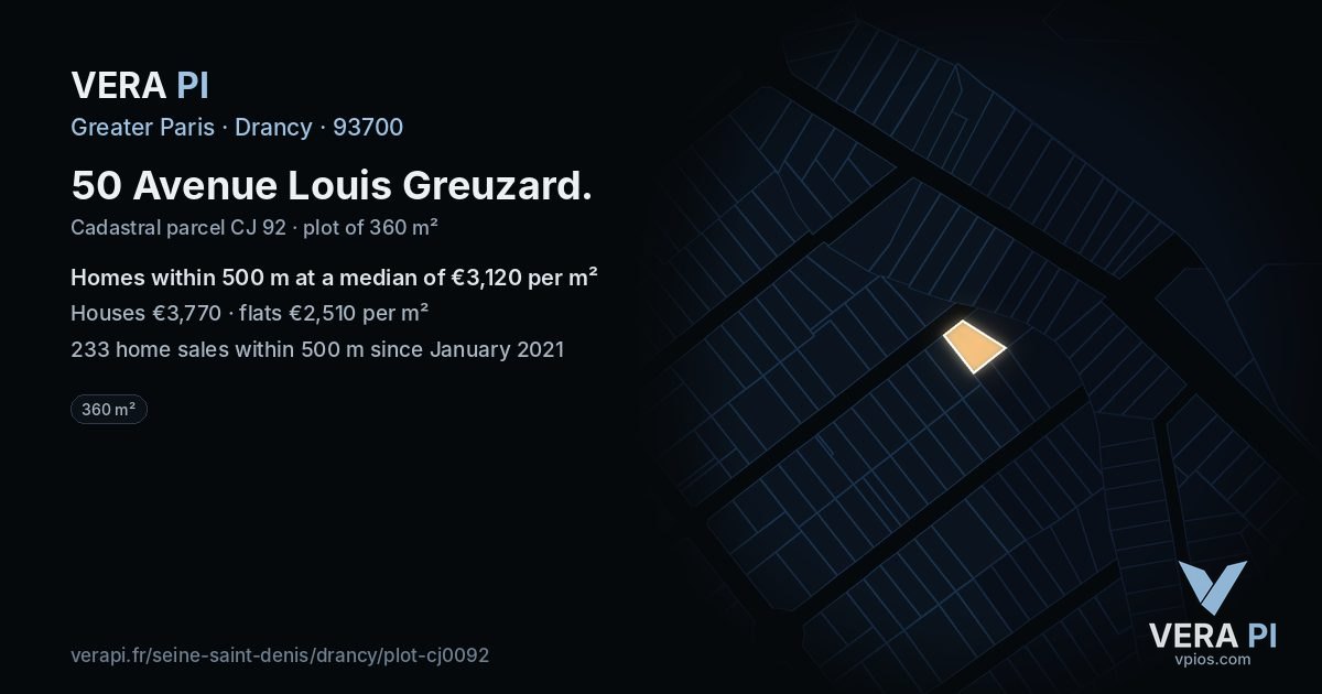 50 Avenue Louis Greuzard, Drancy at night – the plot lit, the parcels around coloured by the prices near them