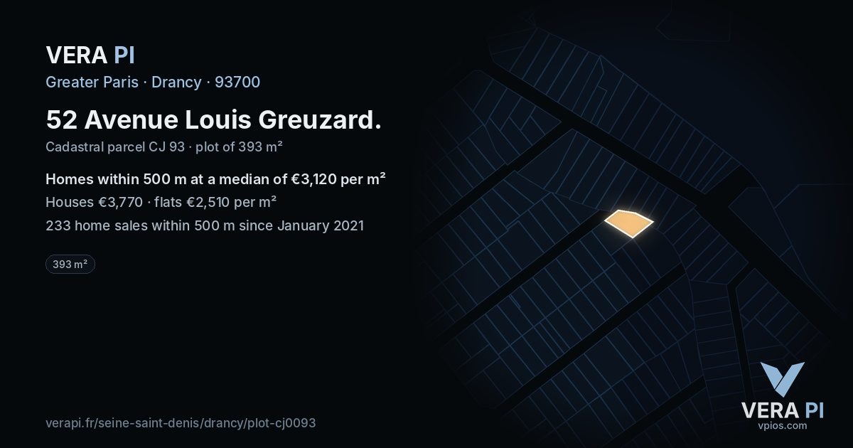 52 Avenue Louis Greuzard, Drancy at night – the plot lit, the parcels around coloured by the prices near them