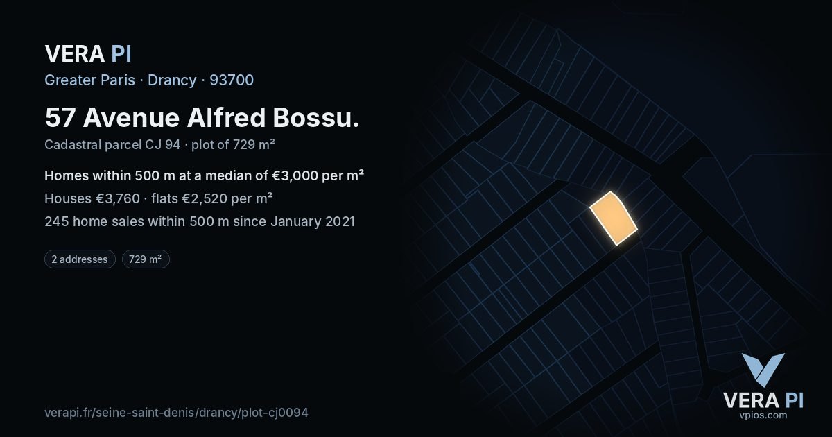 57 Avenue Alfred Bossu, Drancy at night – the plot lit, the parcels around coloured by the prices near them