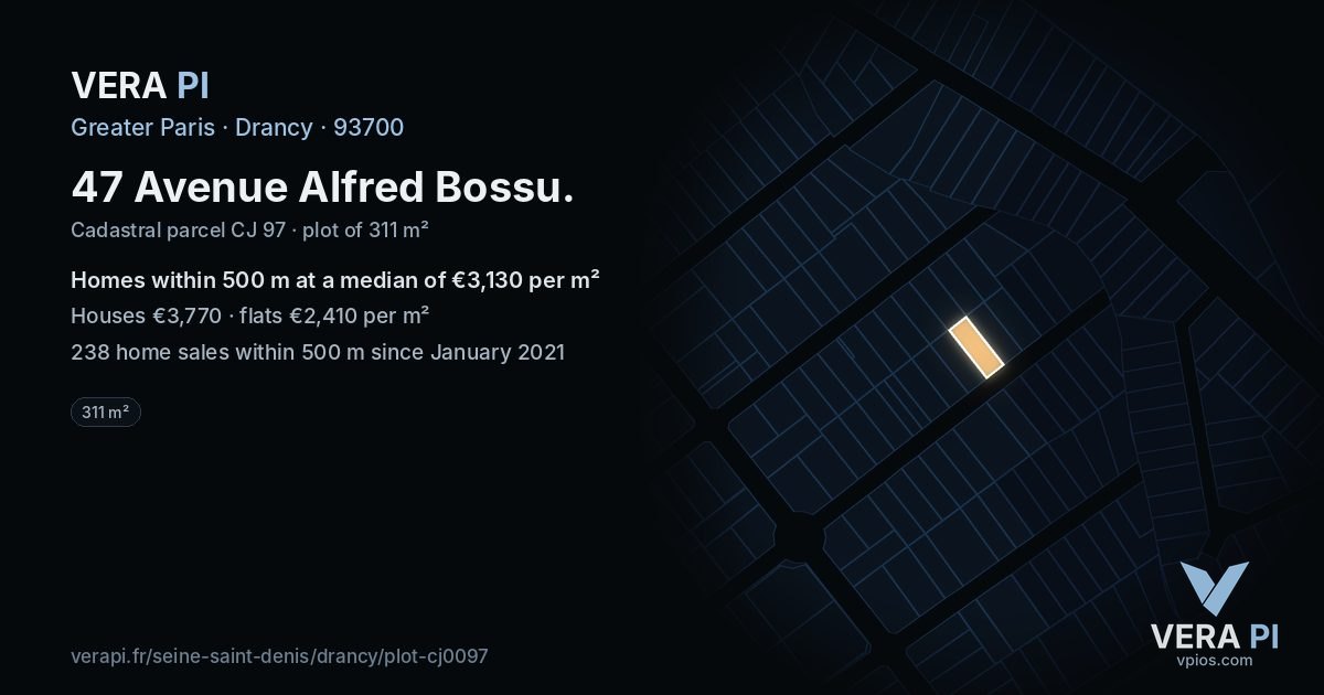 47 Avenue Alfred Bossu, Drancy at night – the plot lit, the parcels around coloured by the prices near them